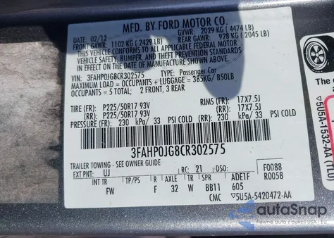 2012 Ford Fusion Sel из США, поврежденный, VIN 3FAHP0JG8CR302575